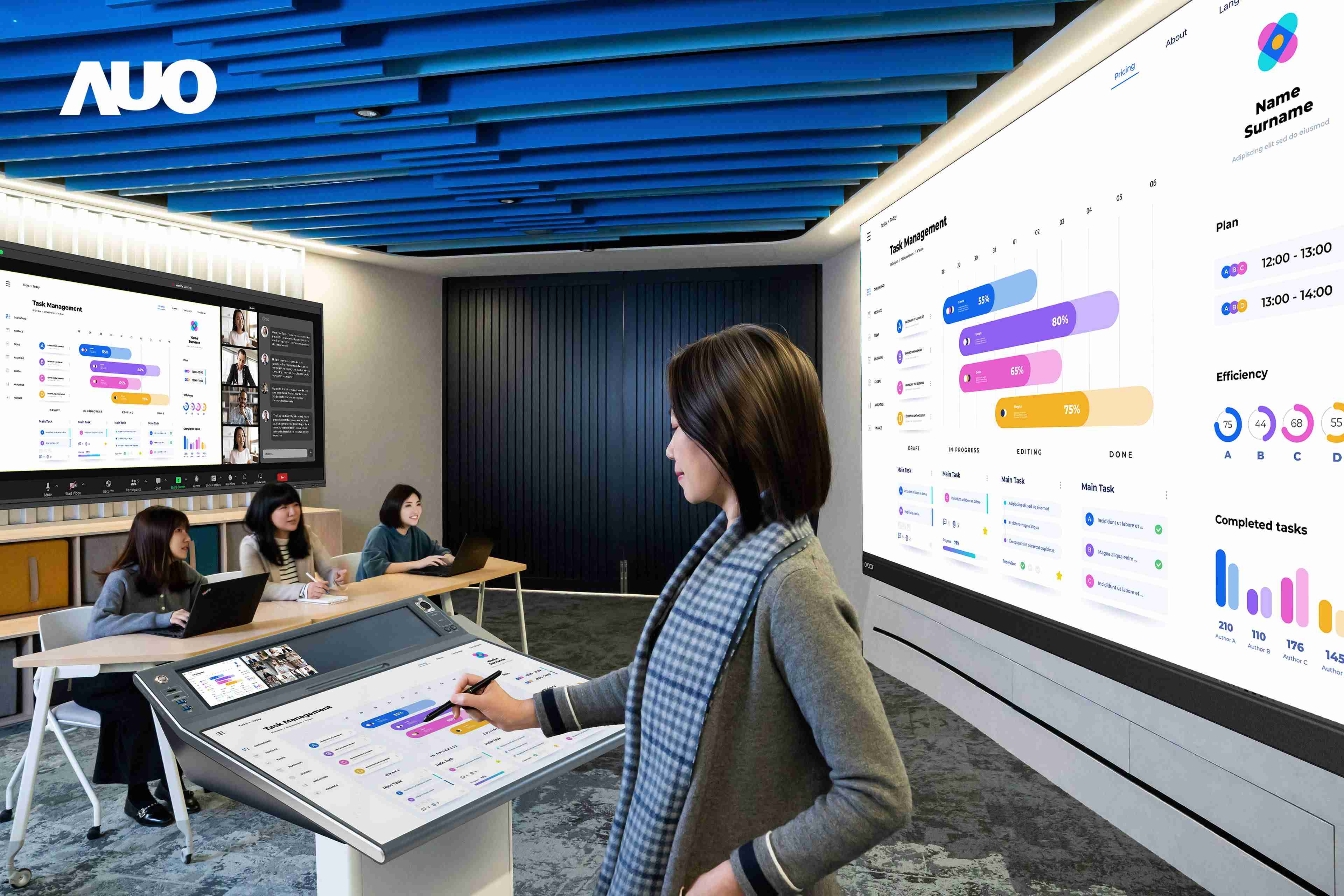 达擎携手Avocor与Rise Vision展示全方位商务领域应用，，，包含采用模块化设计的138吋一体式All-in-One LED显示器及具21:9超宽比例的92吋交互式电子白板（IFPD），，，讲者可轻松分享内容，，有效提升会议协作效率。。。